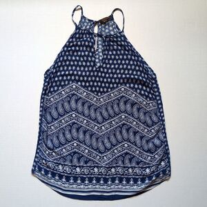 Renee C Tank Top Womens S  Blue White Paisley Bandana Keyhole Halter Rayon‎ USA